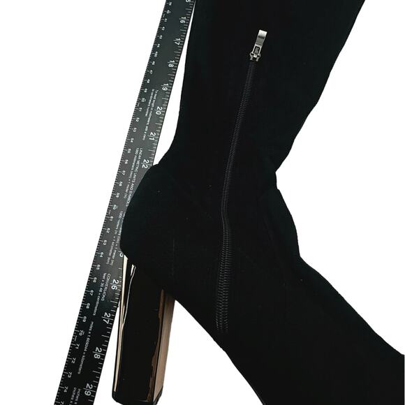 AMI CLUBWEAR Size 11 Black Faux Suede Over The Knee Chunky Shiny Gold Heel Boots - Picture 5 of 7